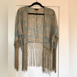 Fringed Shawl Light Blue with Gold Flowers
